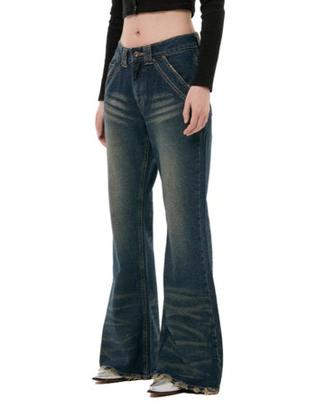 (W)wrinkled washing denim bootcut pants
